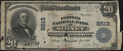 Peoples National Bank of Sidney 20 dollars Jan. 9, 1907. SERIES OF 1902. Vernon Treat.