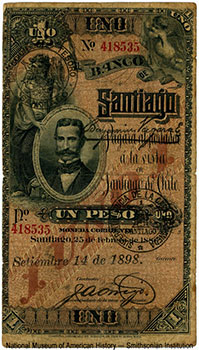 Rep&uacute;blica de Chile. BANCO DE SANTIAGO. 1 Peso. Setiembre 14 de 1898.