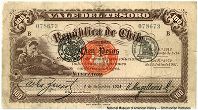 Rep&uacute;blica de Chile. Vale Del Tesoro. 100 Pesos. 7 de Setiembre 1921.