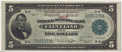 Federal Reserve Bank of Cleveland, Ohio. National Currency � Federal Reserve Bank Notes 5 dollars. Series of 1918. 