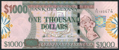 Bank of Guyana. Note 1000 Dollars. 2006.