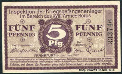 Inspektion der Kriegsgefangenenlager im Bereich des XVIII Armeekorps. Frankfurt am Mein. Schein 5 Pfennig. 1. Januar 1917. 