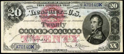 United States. Treasurer United States. Silver Certificates 20 Dollars. SERIES OF 1878. 