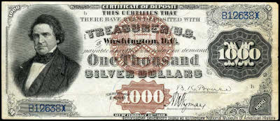 Treasurer United States. Silver Certificates 1000 Dollars. SERIES OF 1880. 