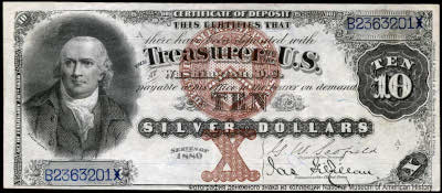 Treasurer United States. Silver Certificates 10 Dollars. SERIES OF 1880. 