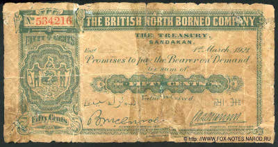 British North Borneo Company 50 cents 1921 