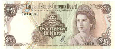Cayman Islands Currency Board 25 Dollars 1971