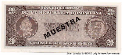 Banco Central de la Rep&uacute;blica Dominicana 20 Peso Oro 1964 MUESTRA