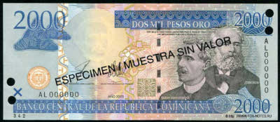Banco Central de la Rep&uacute;blica Dominicana 2003 2000 Peso Oro SPECIMEN