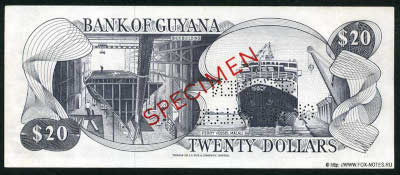 Bank of Guyana. Note 20 Dollars. 1966. SPECIMEN
