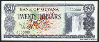 Bank of Guyana. Note 20 Dollars. 1966. SPECIMEN