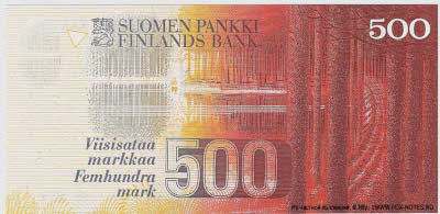 ����������� ����������. Suomen Pankki - Finlands Bank. Setelist&auml; 500 markkaa / Sedel 500 mark. Tyyppi 1986.