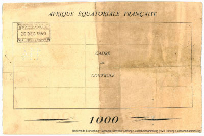 Gouvernement Général de Afrique Equatoriale Française 1000 francs 20 DEC 1940